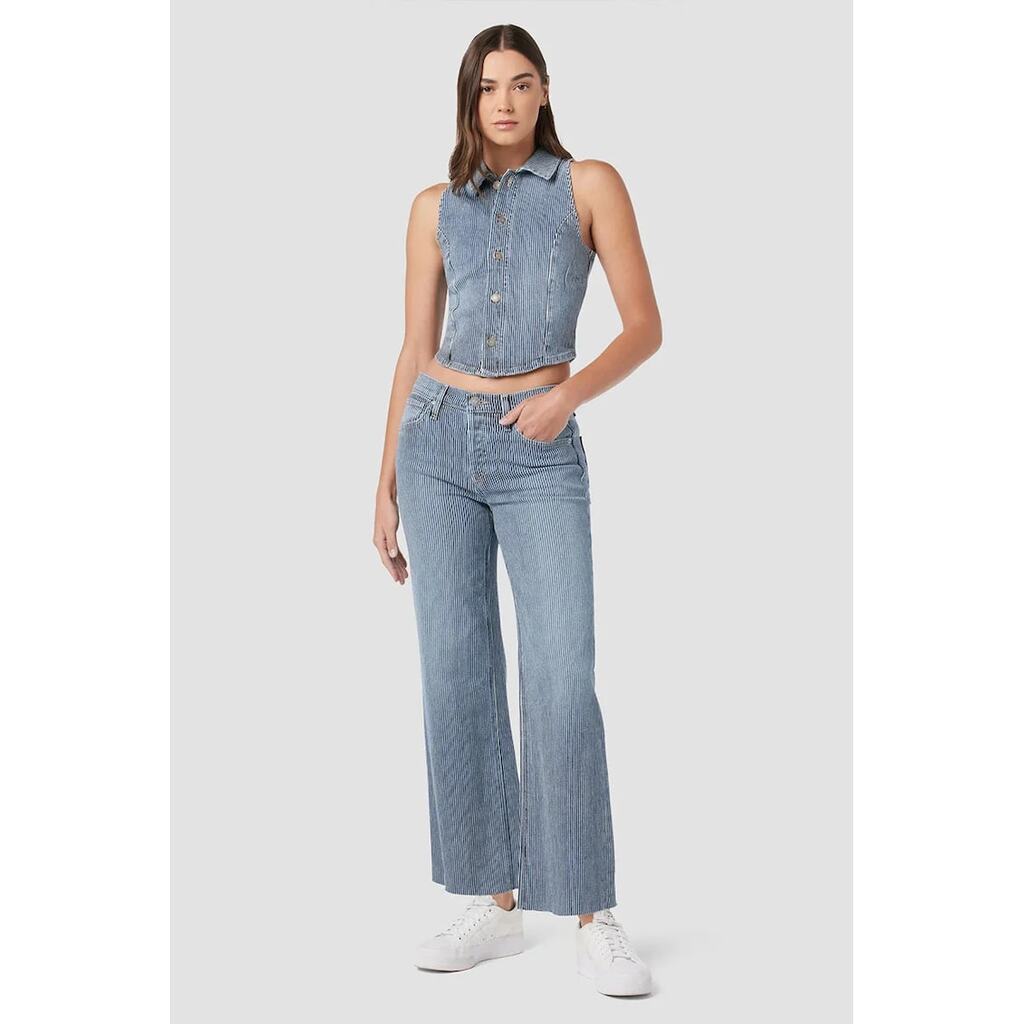 Pantaloni din denim cu talie inalta si imprimeu cu dungi - Син