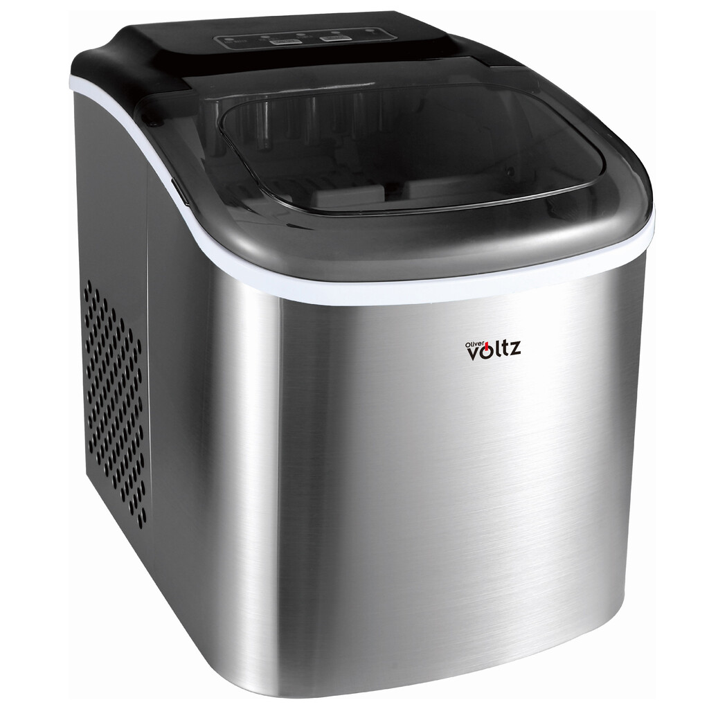 Ледогенератор Oliver Voltz OV51447CS, 120W, 12кг/24 часа, 1.3 л, 9 кубчета за цикъл работа, Индикатор за лед и вода, Инокс