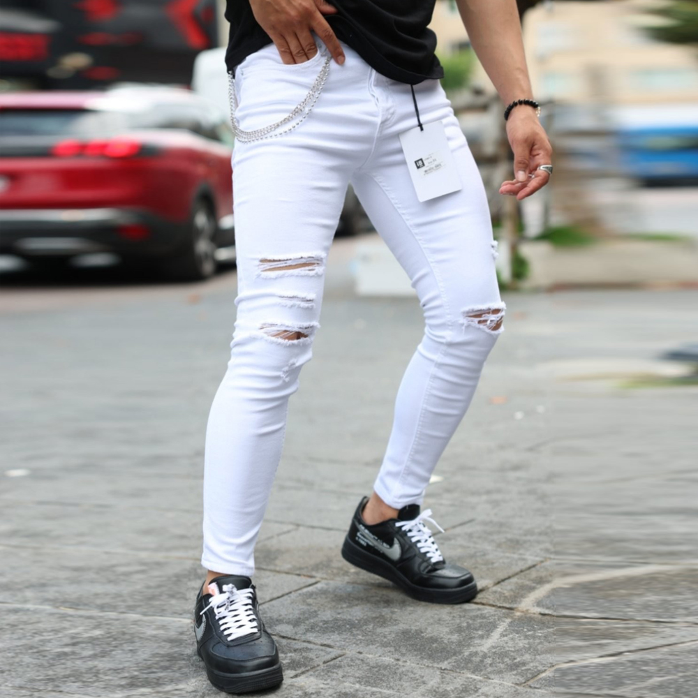 Стилни мъжки Бели  дънки накъсан ефект skinny fit… - Виж цена