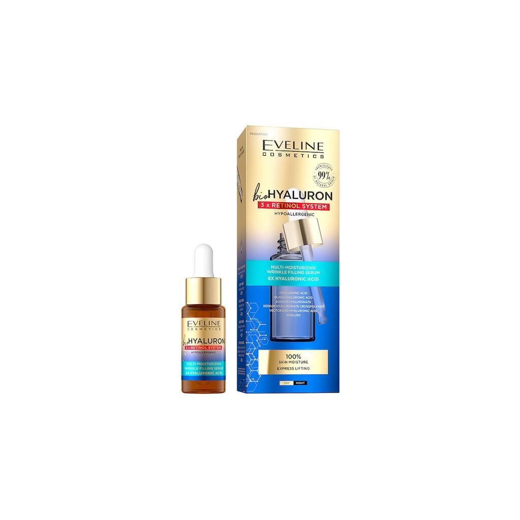 Серум за запълване на бръчки Eveline Bio Hyaluron 3X Retinol System - Мултихидратиращ - 18 мл