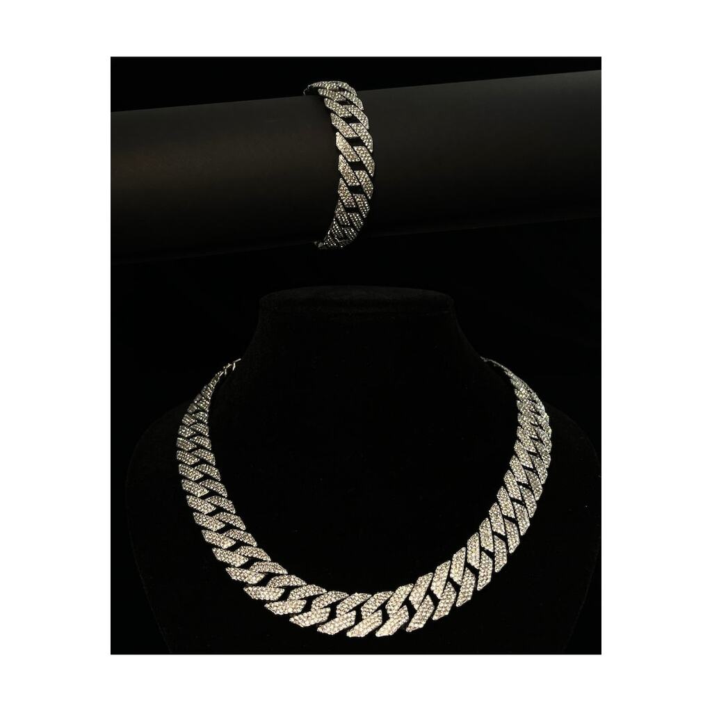 Комплект колие и гривна Cuban Diamond -  14K бяло злато - размери 50x20cm - кристали цирконий