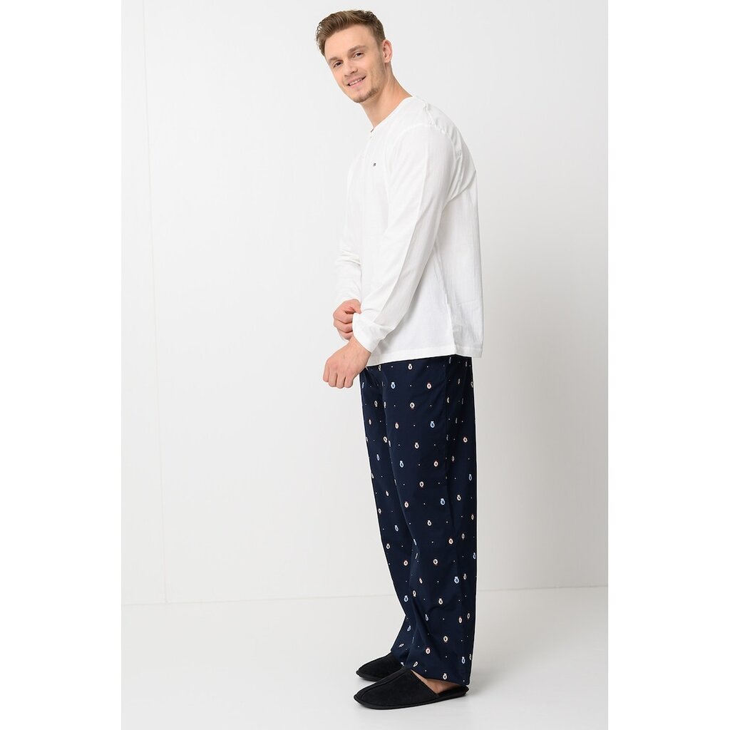 Дълга пижама от памук с графична шарка - Ултрамарин синьо/Бял