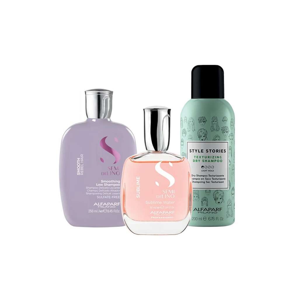 Комплект за изглаждане  Milano Semi Di Lino Shampoo - 250 мл - сух шампоан Style Stories 200 мл и парфюмирана вода за коса и тяло Sublime Water 50 мл