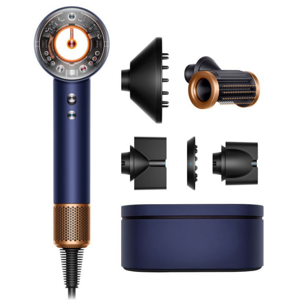 Сешоар Dyson Supersonic Nural HD16 Prussian Blue/Rich Copper Straight+Wavy 122612-01, 1600W, 3 скорости, 4 температури, Отрицателни йони, 5 приставки, Предпазващ скалпа, Пруско ...