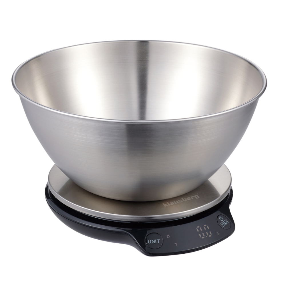 Кухненска везна с купа Klausberg KB 7939, 5 Kg, Bluetooth, Мобилно приложение, LED, ТАРА, Течности, 4 хранителни стойности, Инокс