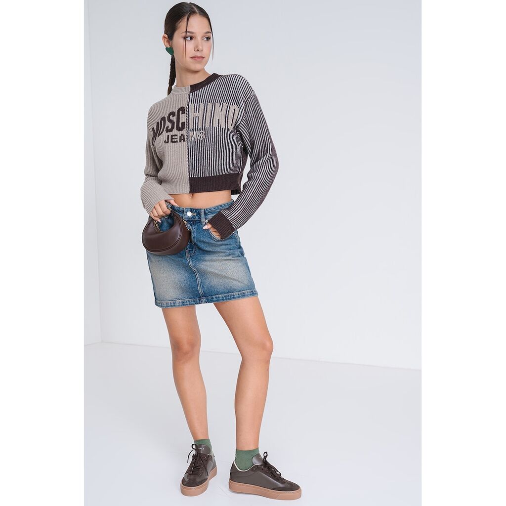 Пуловер с вълна с лого - Тъмнокафяв/Бежов Moschino Jeans - Цена