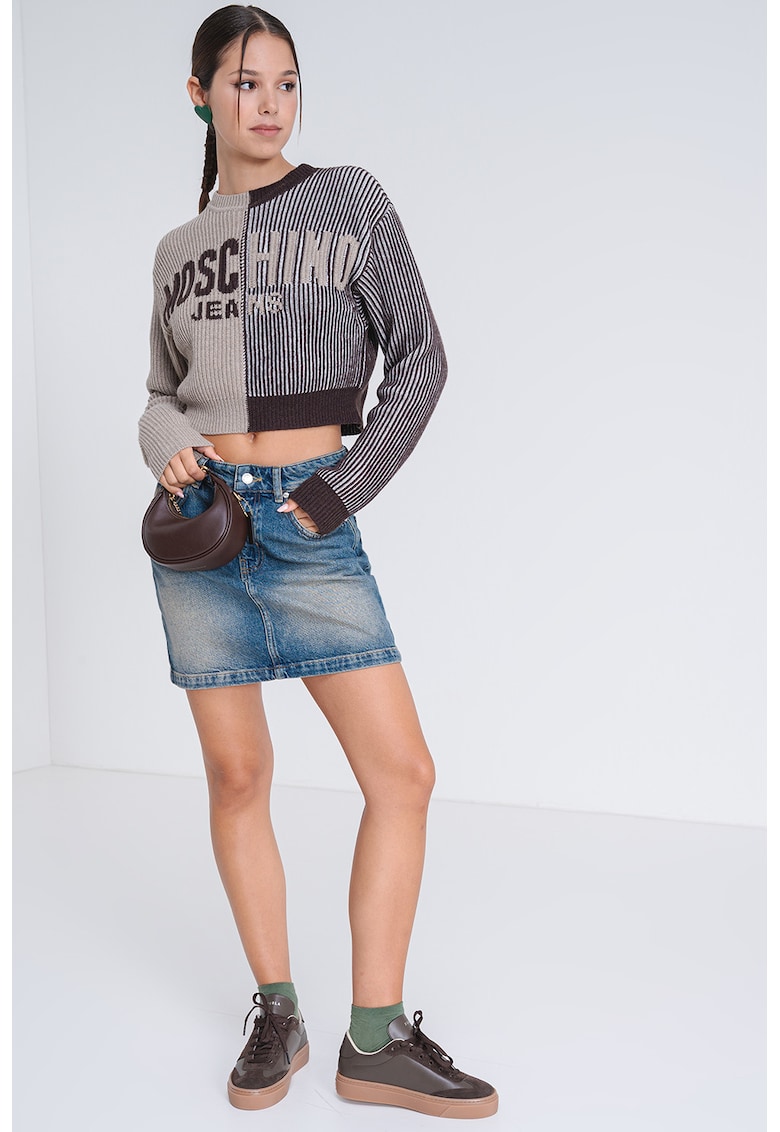 Пуловер с вълна с лого - Тъмнокафяв/Бежов Moschino Jeans - Цена