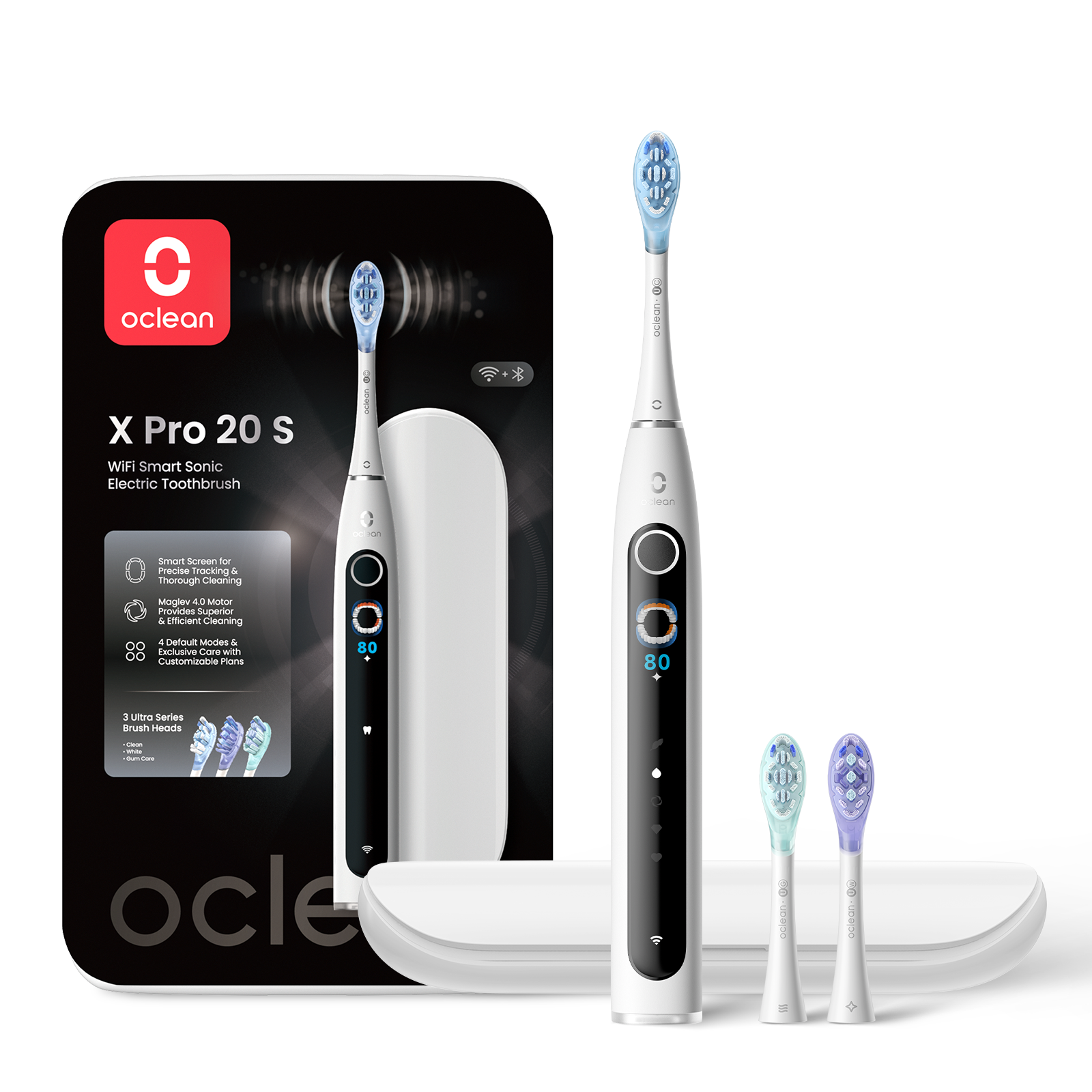 Електрическа четка за зъби Oclean X Pro 20 Set, AI, Maglev 4.0, 84000 об/мин, Wi-Fi, FlexFit, IPX7, Сигнал при пропусната зона, 40 дни автономност, Калъф, Бял