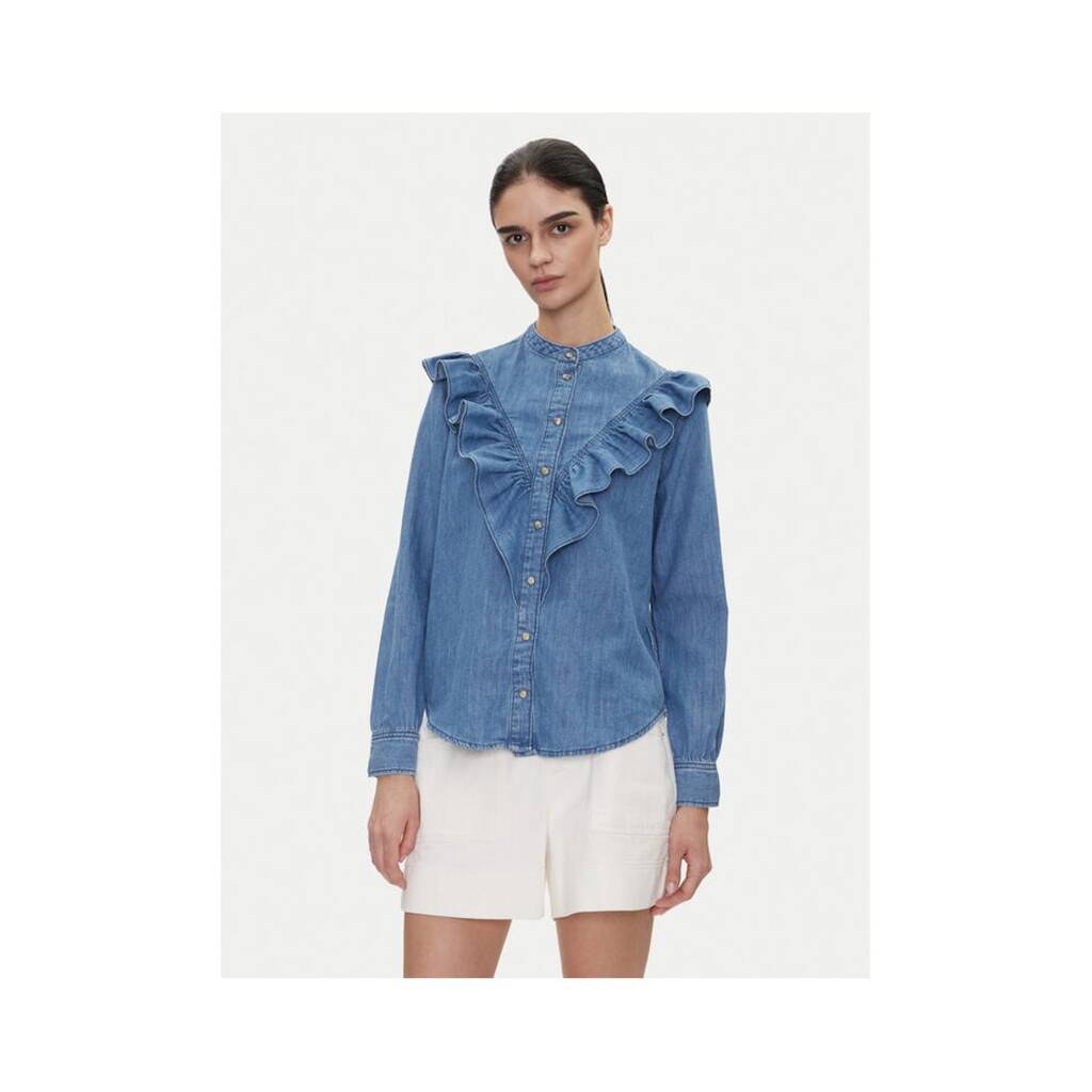 Дамска блуза - PL305092 000DENIM - Синя - памук - лен - лиосел