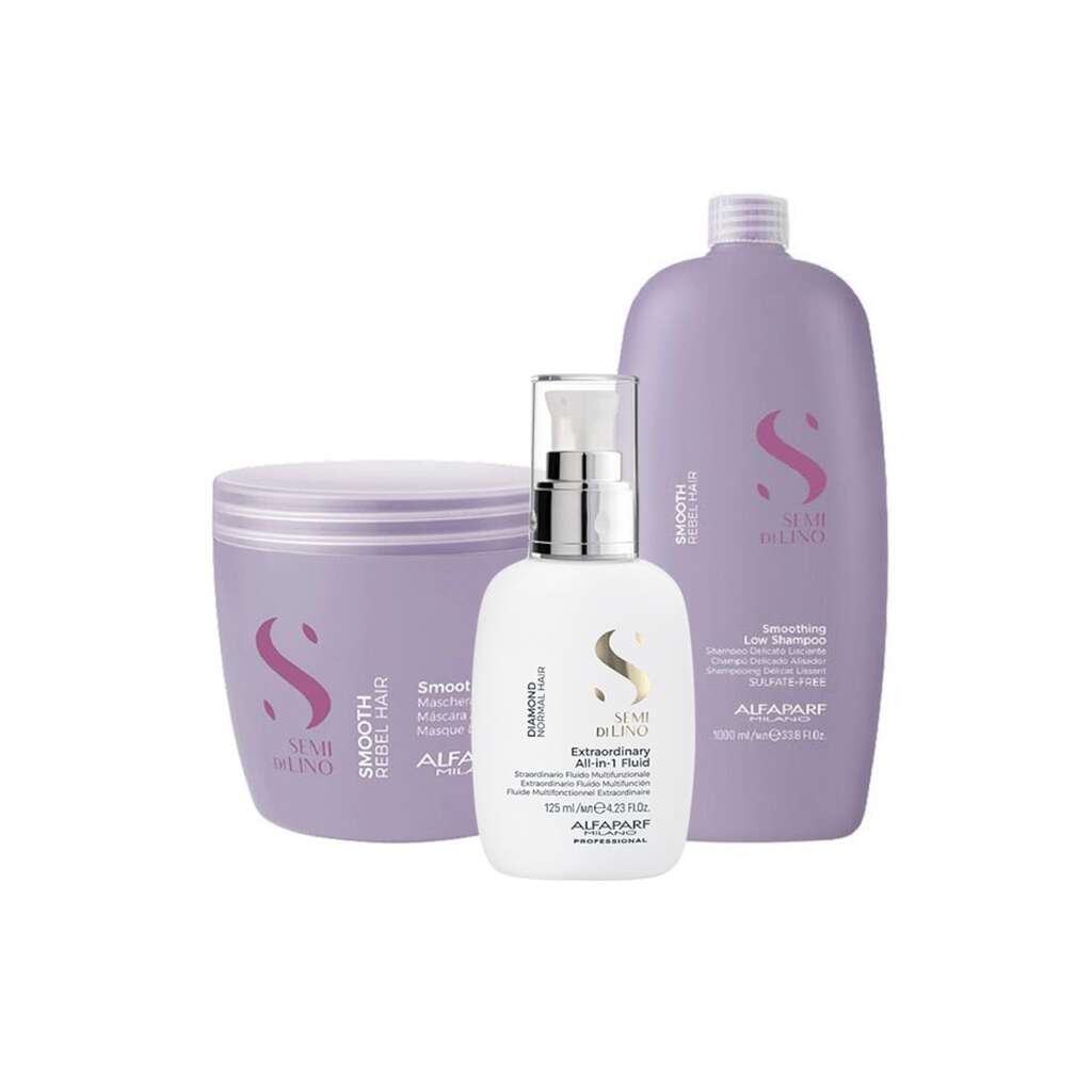 Комплект за изглаждане  Milano Semi Di Lino Shampoo - 1000 ml - Маска - 500 ml и Флуид за блясък All-in-1 Diamond Illuminating - 125 ml