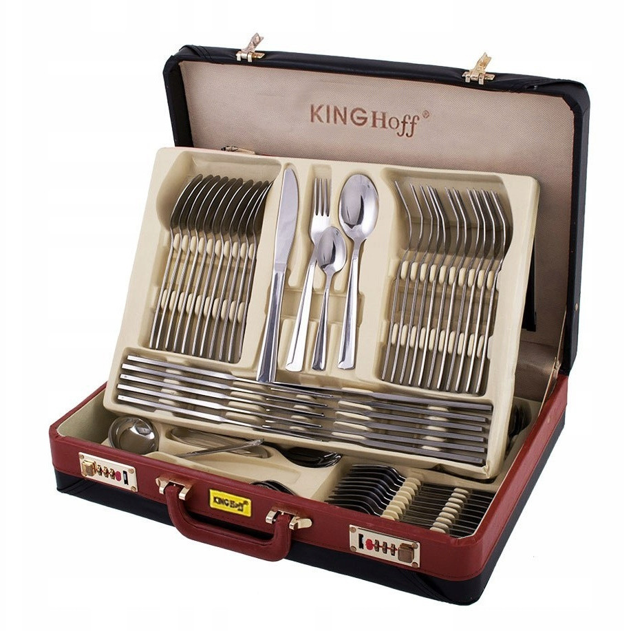 Комплект прибори за хранене Kinghoff KH 3509, 72 части, За 12 човека, Куфар, Неръждаема стомана, Сребрист