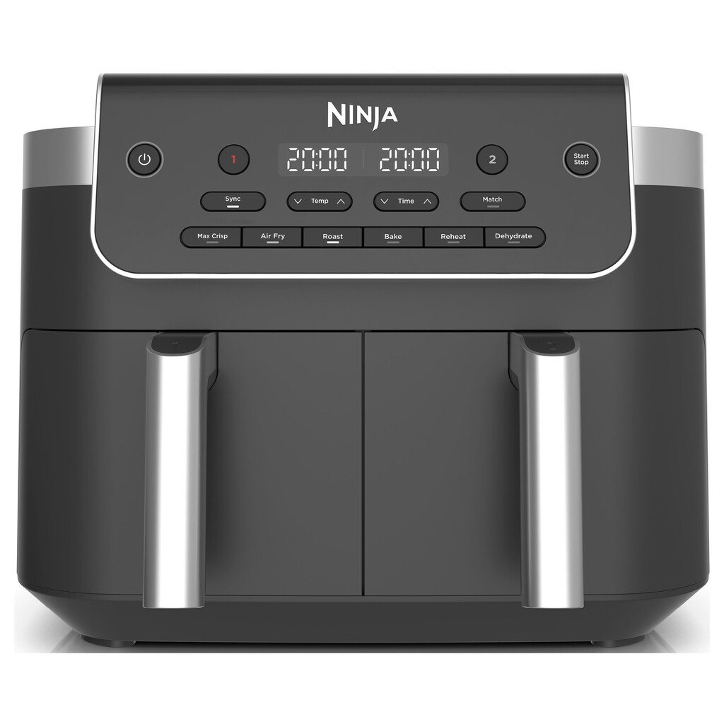 Двоен фритюрник с горещ въздух Ninja Foodi Dual Zone DZ801EU, 2470W, Независими зони за готвене, 7.6 л, 6 програми, 40-240C, Max Crisp, Sync, Сив/Инокс