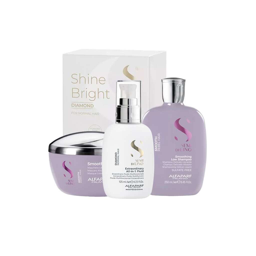 Комплект за изглаждане  Milano Semi Di Lino Shampoo - 250 ml - Маска - 200 ml и Флуид за блясък All-in-1 Diamond Illuminating - 125 ml