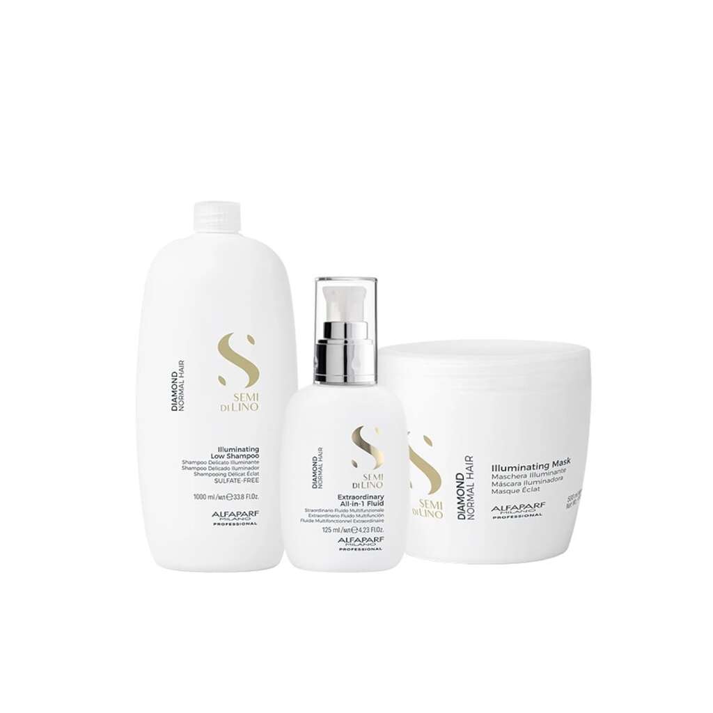 Комплект за блясък  Semi Di Lino Diamond Illuminating with Shampoo - 1000 ml - Маска - 500 ml и Флуид за блясък - 125 ml