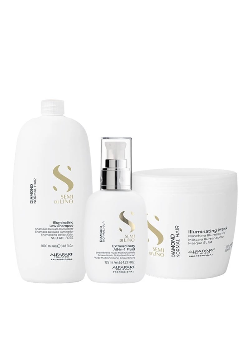 Комплект за блясък Semi Di Lino Diamond Illuminating with Shampoo - 1000 ml - Маска - 500 ml и Флуид за блясък - 125 ml