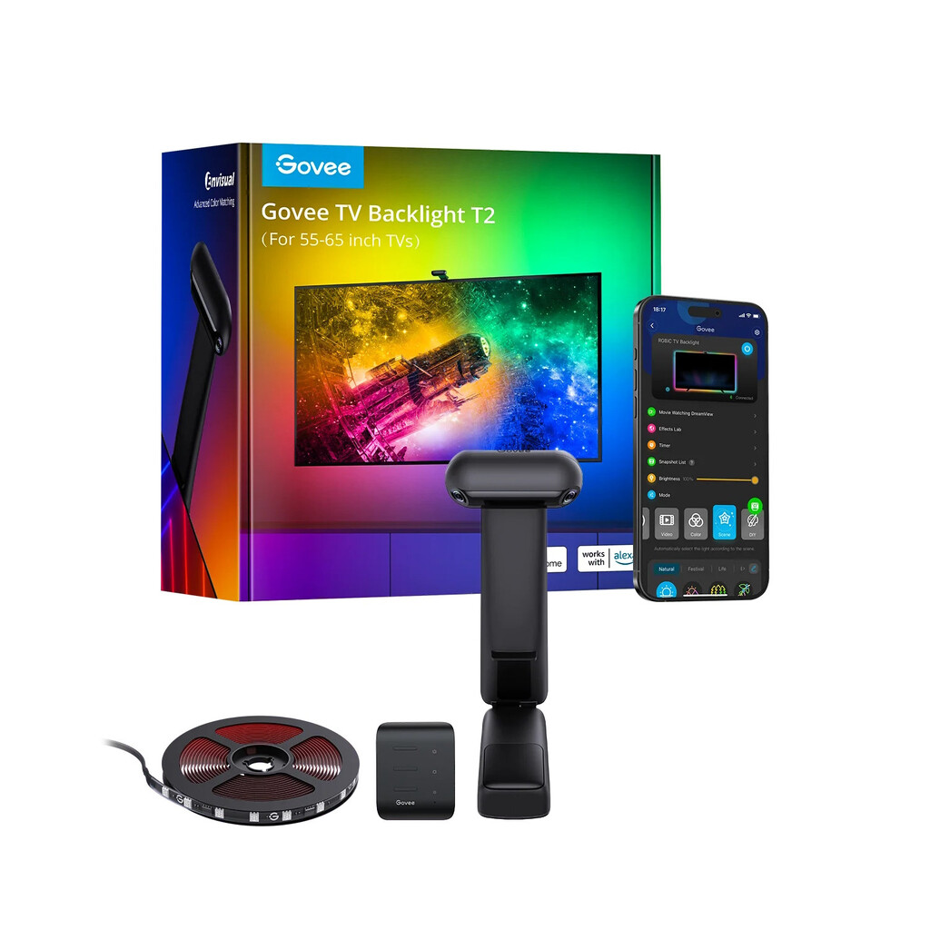Smart LED лента за телевизор Govee Envisual T2 RGBIC H605C, 36W, Адресируеми цветни сегменти, Wi-Fi, Bluetooth, До 65" TV, Цветова синхронизация, Гласово управление ...