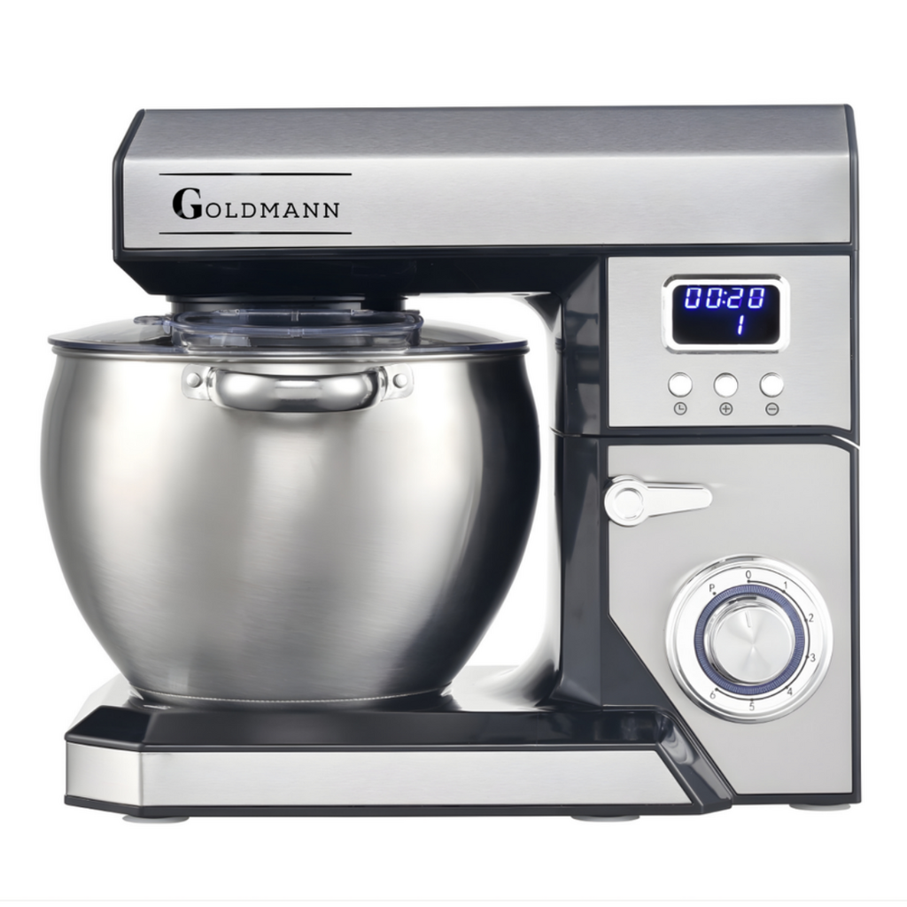 Планетарен миксер Goldmann GM-1115BD, 2200W, 8.5 л, 6 скорости + импулси, Таймер, Иноксова купа, LED, Инокс
