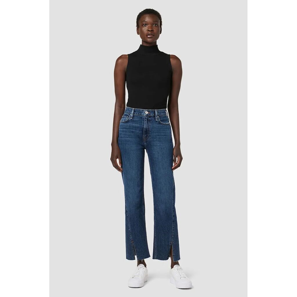 High Rise Straight Jeans With Ankle Slit - Син