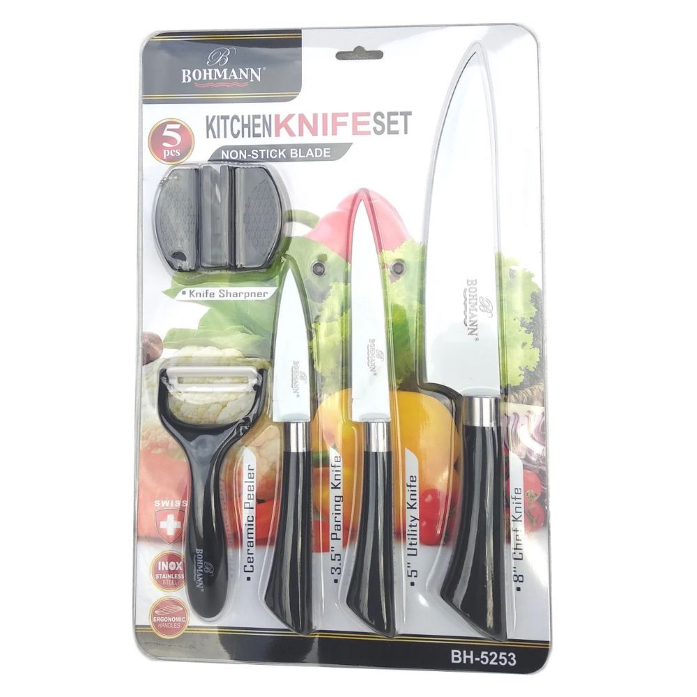 Комплект ножове Bohmann BH 5253, 5 части, Белачка и точило, Черен/бял