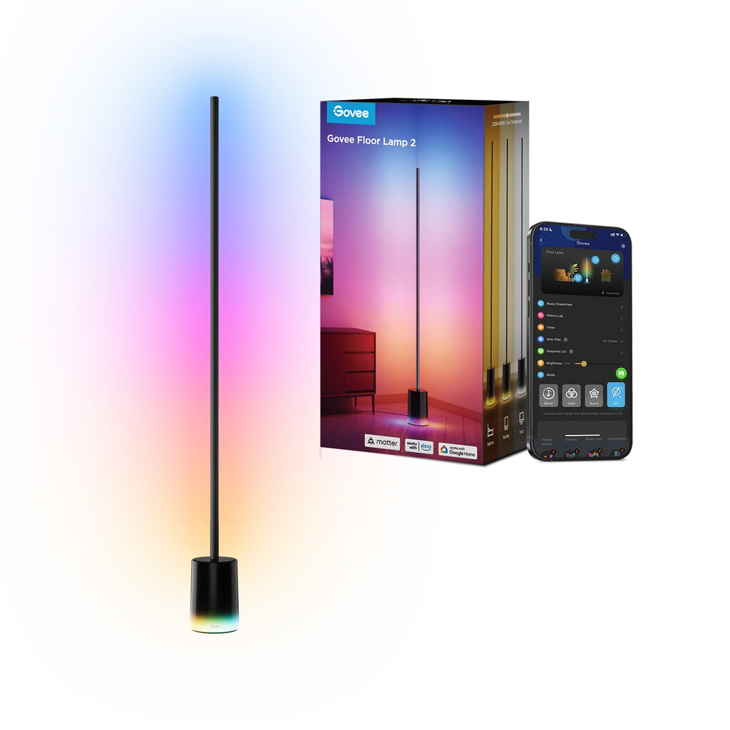 Подова Smart LED лампа Govee Floor Lamp 2 RGBICWW H607C, 152 см, 30W, 1725 lm, 6500K, Wi-Fi, Bluetooth, Govee Home, Черен