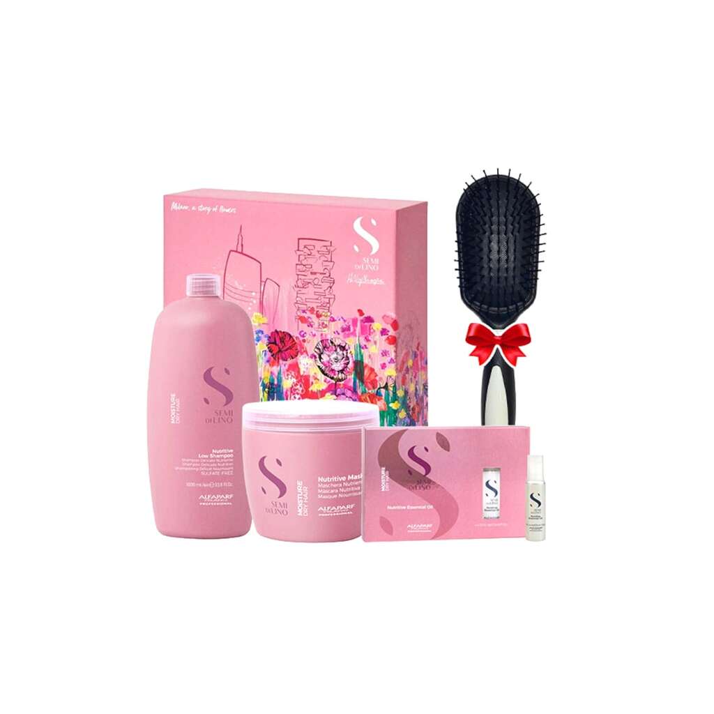 Комплект  Semi Di Lino Moisture Nutritive с 1000 ml шампоан - 500 ml маска - 6 ампули x 13 ml масло и четка за коса