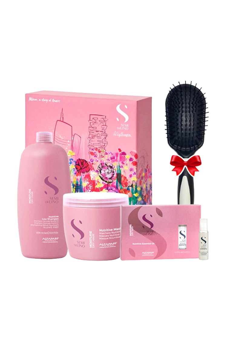 Комплект Semi Di Lino Moisture Nutritive с 1000 ml шампоан - 500 ml маска - 6 ампули x 13 ml масло и четка за коса