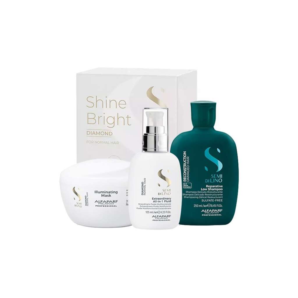 Комплект  Semi Di Lino Reconstruction Shampoo - 250 ml и Diamond Illuminating Shine маска за коса - 200 ml и All-in-1 Diamond Illuminating Shine Fluid - 125 ml