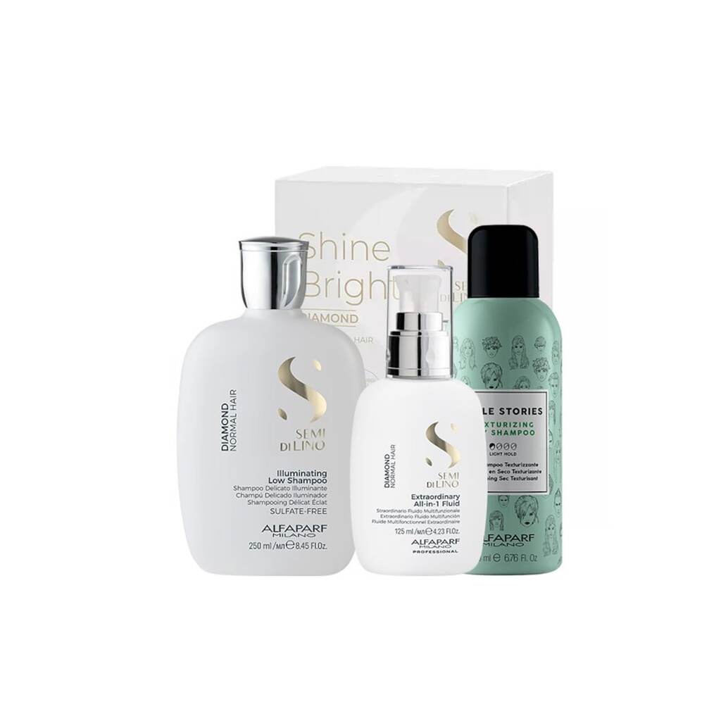 Semi Di Lino Diamond Illuminating Shine Комплект с шампоан - 250 мл - сух шампоан Style Stories 200 мл и флуид за блясък - 125 мл
