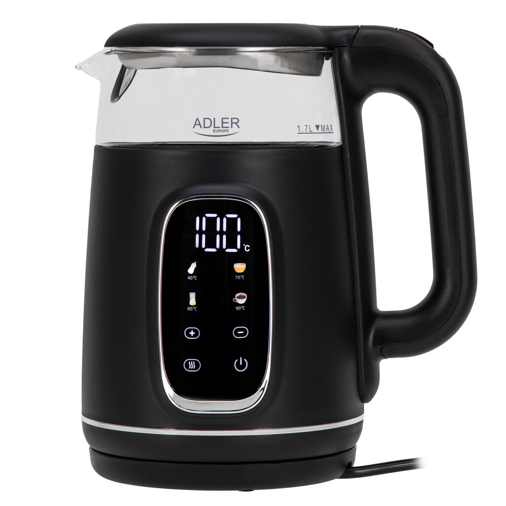 Електрическа кана Adler AD 1305 BS, 1850/2200 W, 1.7 л, Сензорен контрол, Цветен LCD дисплей, Пет температурни настройки 40-100°C, Филтър против утаяване ...