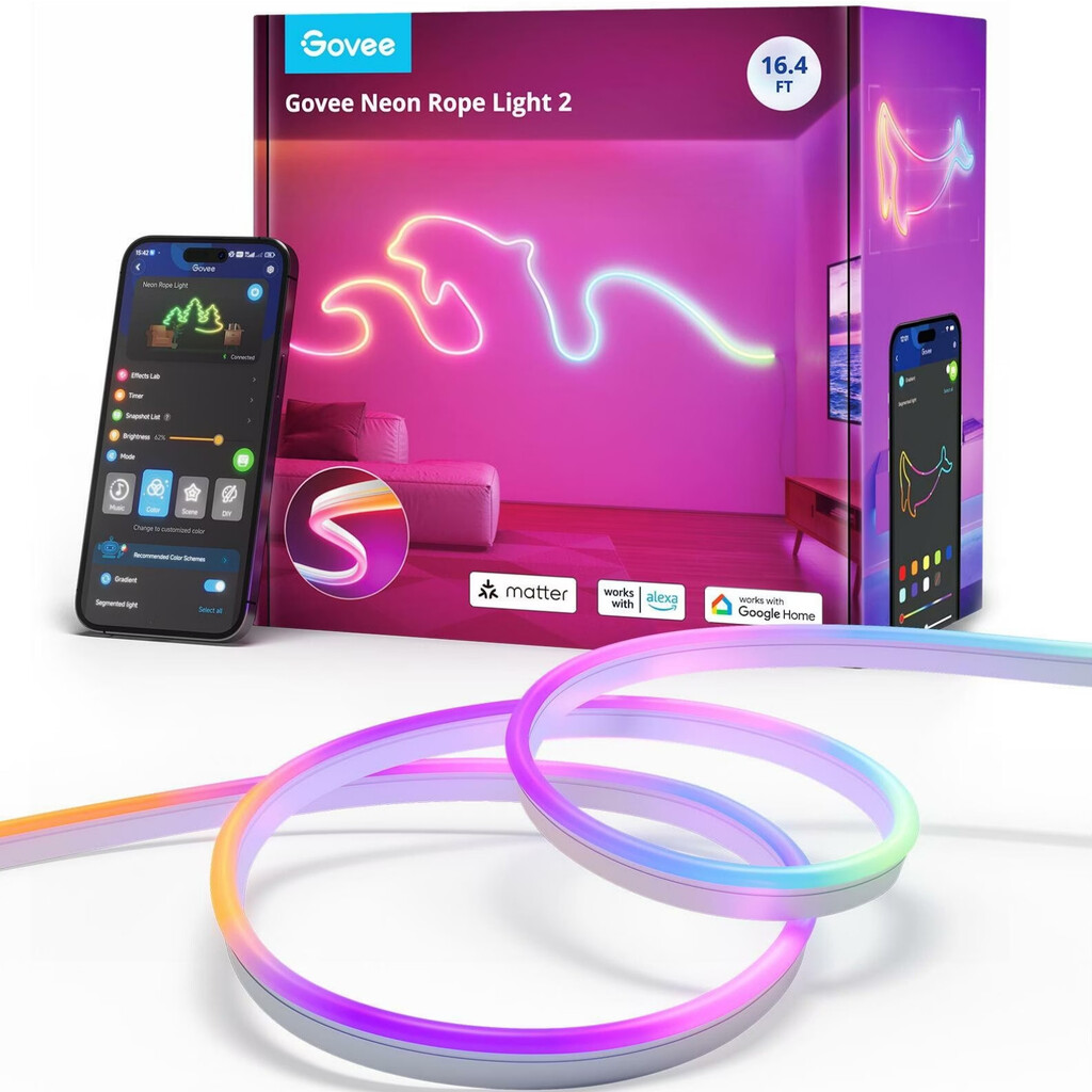 Smart LED лента Govee Neon Rope Light 2 RGBIC H61D5301, 48W, 5 m, 173 lm, Bluetooth, Wi-Fi, Matter, Таймер, Самозалепваща, 420 диода, 11 музикални режима, Бял