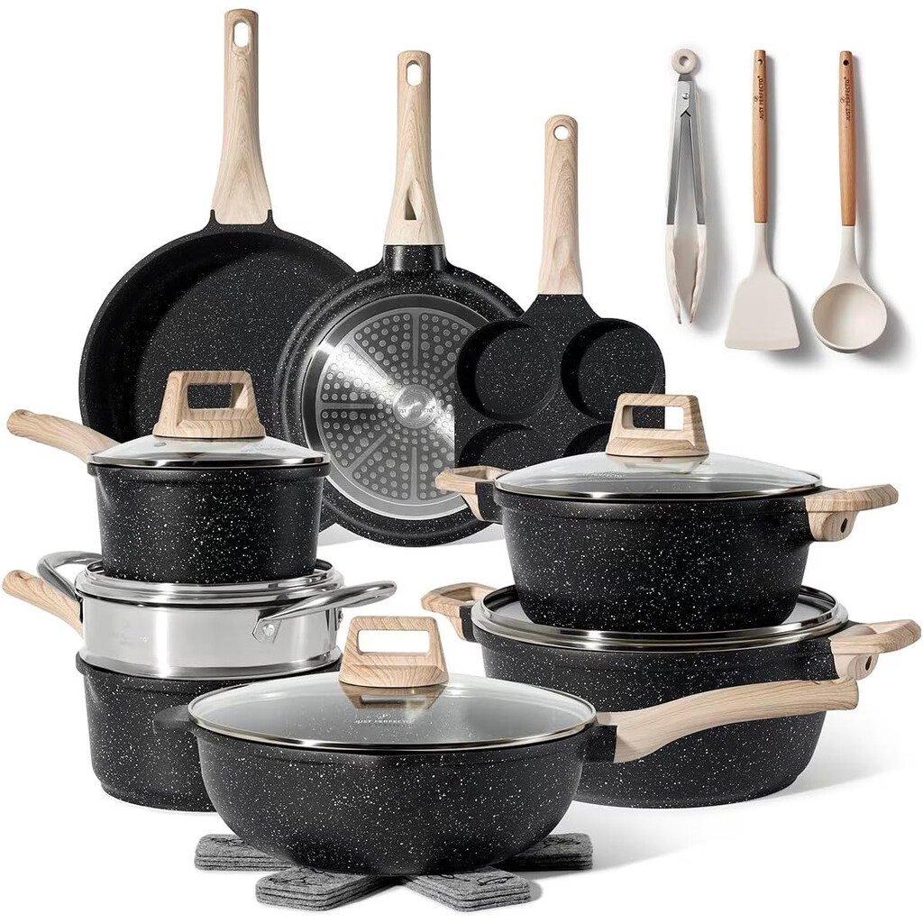 Комплект тенджери и тигани Just Perfecto JL-722, 21 ч, Отливка, Мраморно покритие, Индукция, Съд за готвене на пара, Аксесоари, Черен
