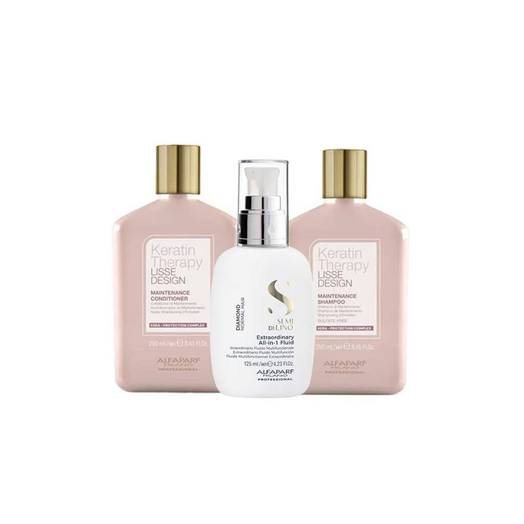 Комплект с  Lisse Design Keratin Therapy Maintenance Shampoo 250 ml и балсам 200 ml и All-in-1 Diamond Illuminating Shine Fluid - 125 ml